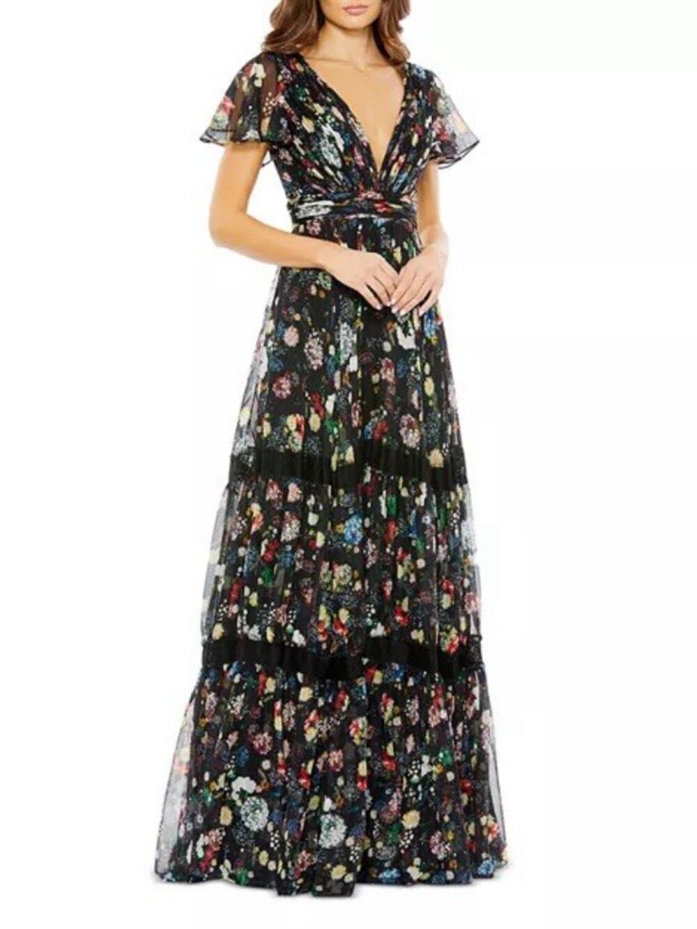 Mac Duggal Size 2 Black 67934 Floral Wrap Maxi Dress Butterly Sleeve Tiered NWT